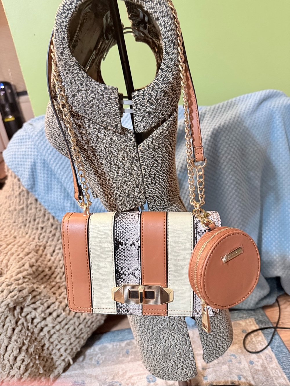 NWT Aldo Tan & Cream Striped Crossbody – Snake‑Print Panel, Gold Chain Strap